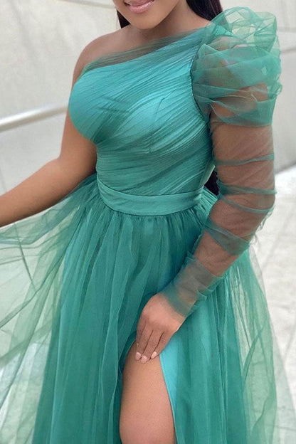 Solid Color One Shoulder Elegant Split Swing Tulle Maxi Dress