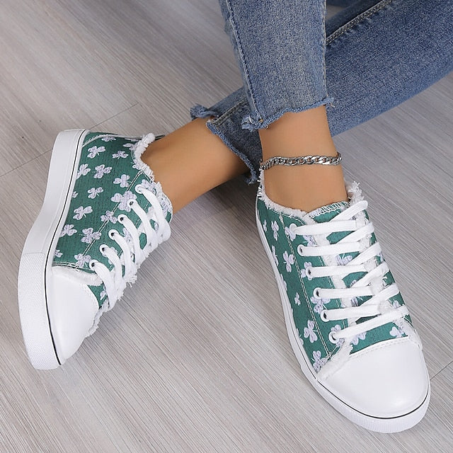 Women's Sneakers Plus Size Canvas Shoes Outdoor Daily Flat Heel Round Toe Sporty Casual Walking Shoes Canvas Lace-up Floral Dark Grey White Yellow