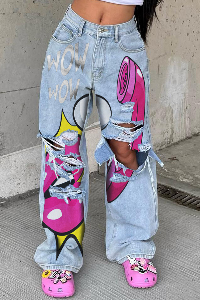 lovwvol  - Baby Blue Street Cartoon Print Ripped Mid Waist Loose Denim Jeans