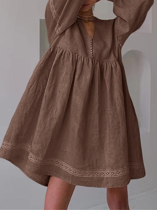 Women's Casual Dress Cotton Linen Dress Swing Dress Mini Dress Linen / Cotton Blend Fashion Modern Outdoor Daily Vacation V Neck Lace Ruched Long Sleeve Fall Winter Autumn  Loose Fit Blue Brown