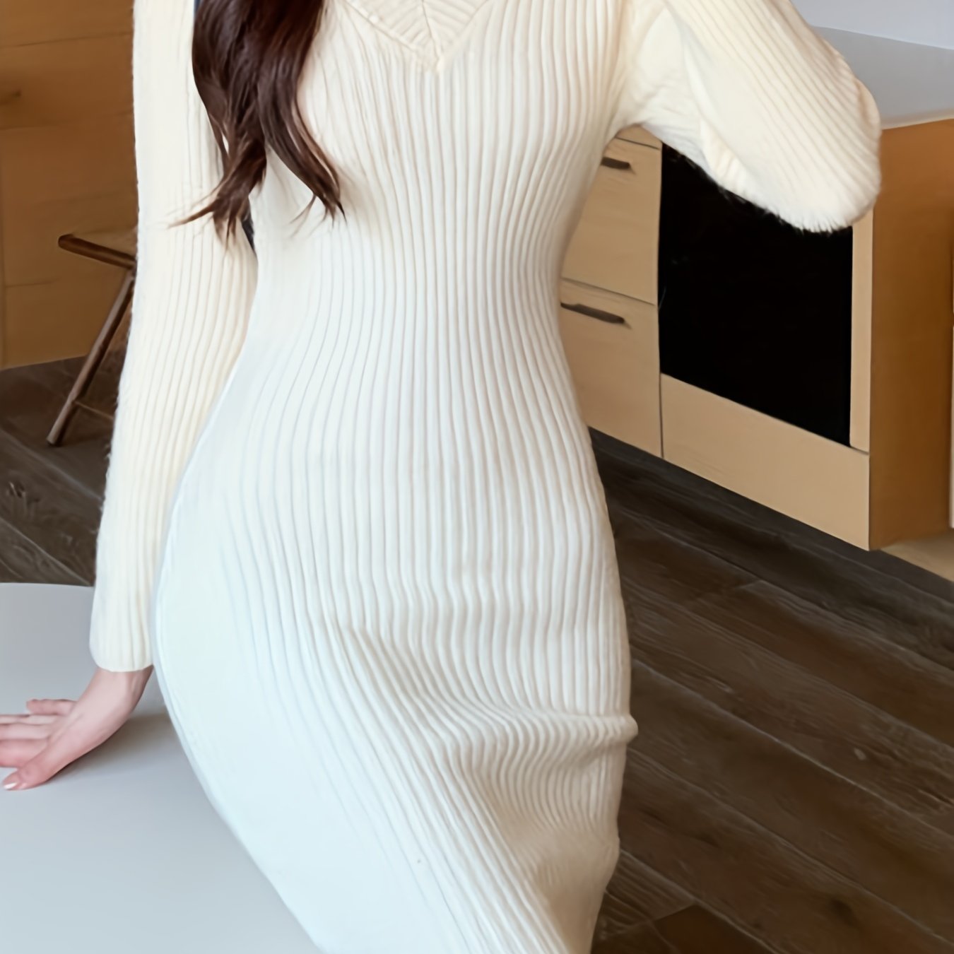 Cozy Solid Knit V-Neck Sweater Dress - Elegant Bodycon Dresses for Women - Long Sleeve, Fall & Winter Essential, Soft, Warm, and Comfortable Clothing