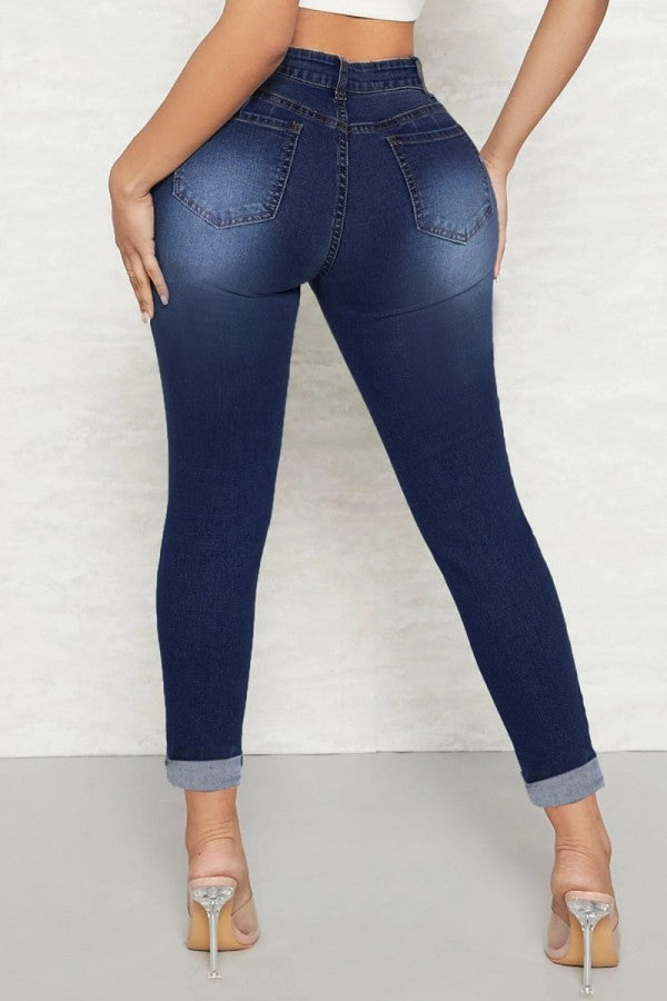 lovwvol  - Deep Blue Casual Solid Ripped High Waist Skinny Denim Jeans