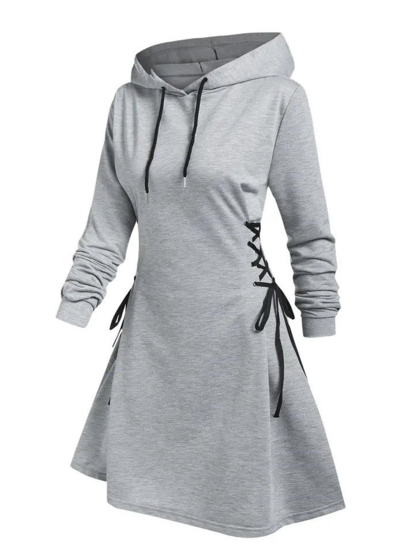 Plus Size Gothic Hooded Sweatshirt Dress - Lace-Up Side Drawstring, Elegant & Comfy, Machine Washable