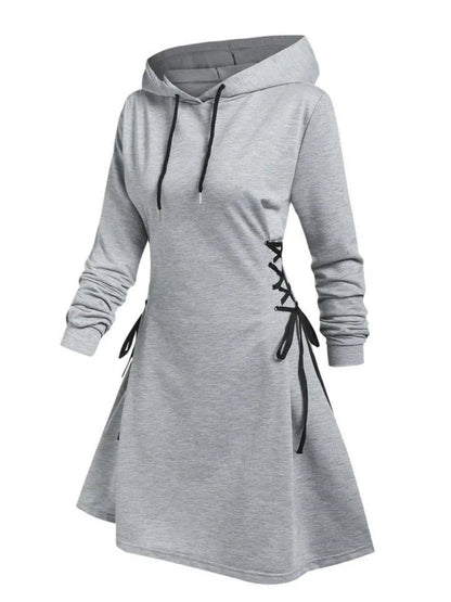 Plus Size Gothic Hooded Sweatshirt Dress - Lace-Up Side Drawstring, Elegant & Comfy, Machine Washable