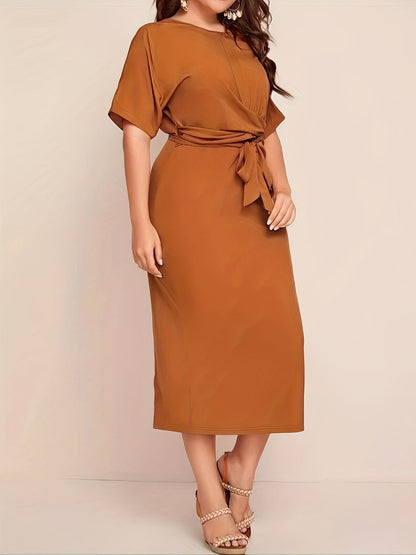 Chic All-Season Elegance: Durable Knit, Non-Sheer Solid Color Dress with Crew Neck, Half-Sleeves, and Flattering Tie Waist