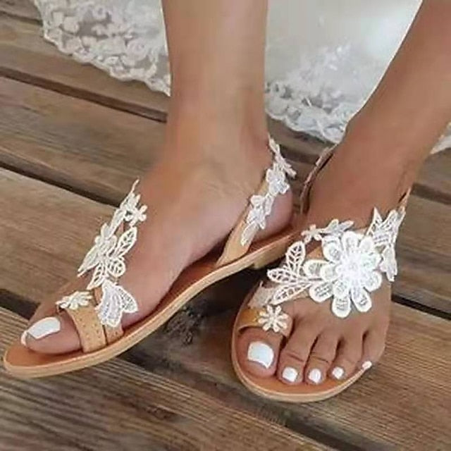 Women's Sandals Boho Bohemia Beach Plus Size Outdoor Beach Flower Flat Heel Cute Elegant Faux Leather Loafer Solid Color Black White