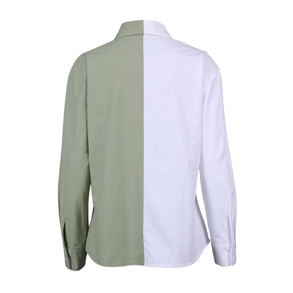 Color Panel Trim Long Sleeve Button Up Shirt - Green