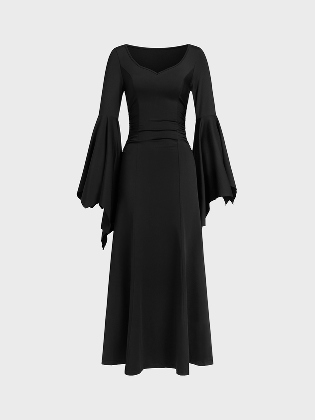 V Neck Plain Long Sleeve Maxi Dress