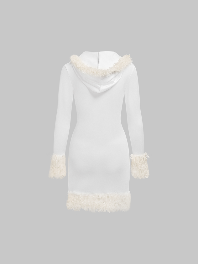 Fuzzy Trim Hooded Plain Long Sleeve Short Dress