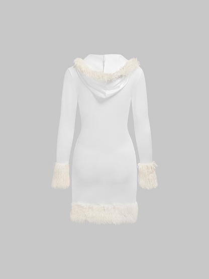 Fuzzy Trim Hooded Plain Long Sleeve Short Dress