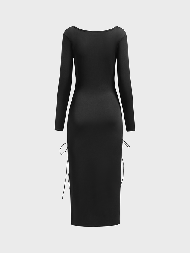 Side Slit V Neck Plain Long Sleeve Maxi Dress