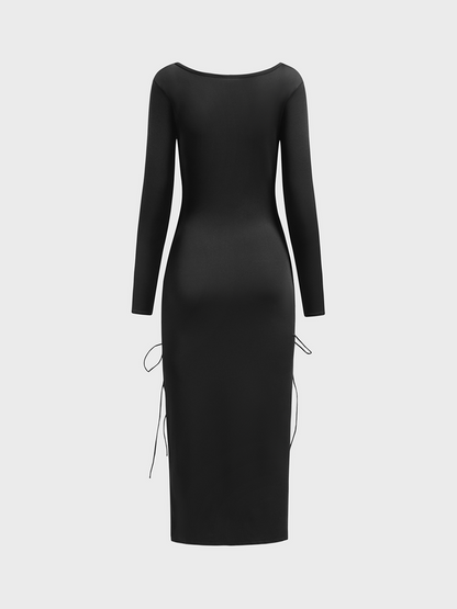 Side Slit V Neck Plain Long Sleeve Maxi Dress