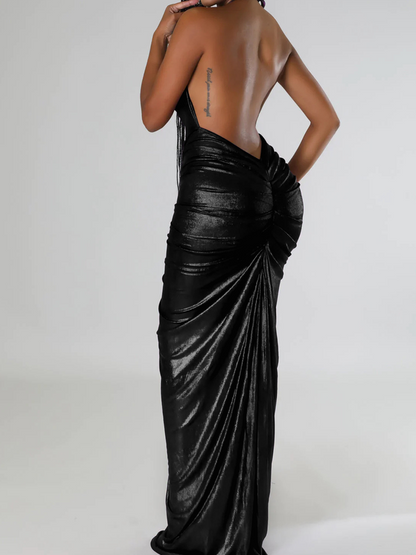 Metallic Sliver Wrinkled Spaghetti Plain Maxi Dress