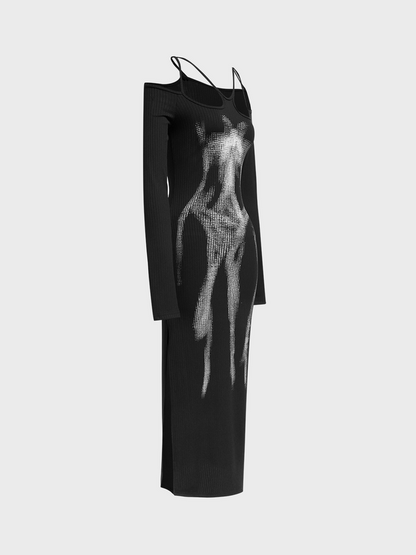 Body Print Cut Out Side Split Long Sleeve Maxi Dress