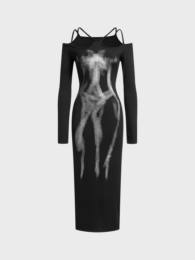 Body Print Cut Out Side Split Long Sleeve Maxi Dress