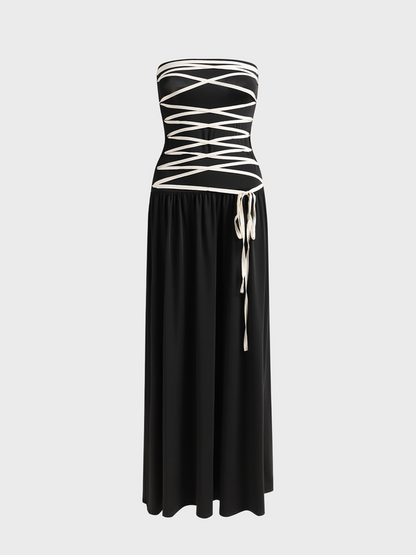 Lace Up Strapless Plain Maxi Dress