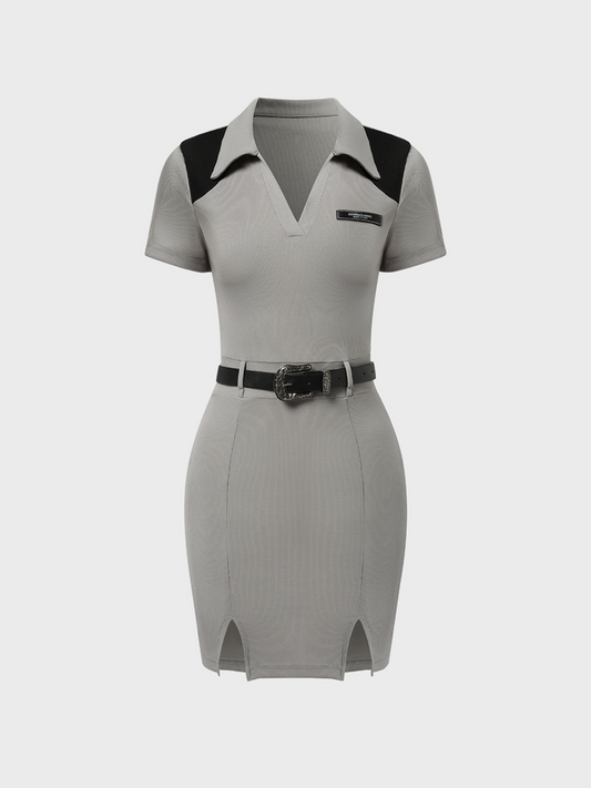 Y2k Gray Belt Polo collar Dress Mini Dress