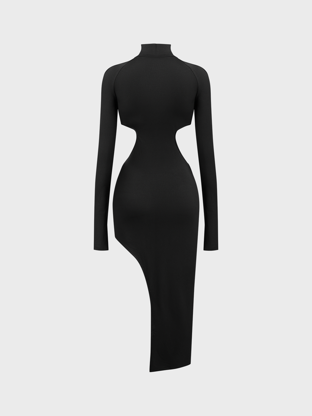 Cut Out Stand Collar Plain Long Sleeve Maxi Dress