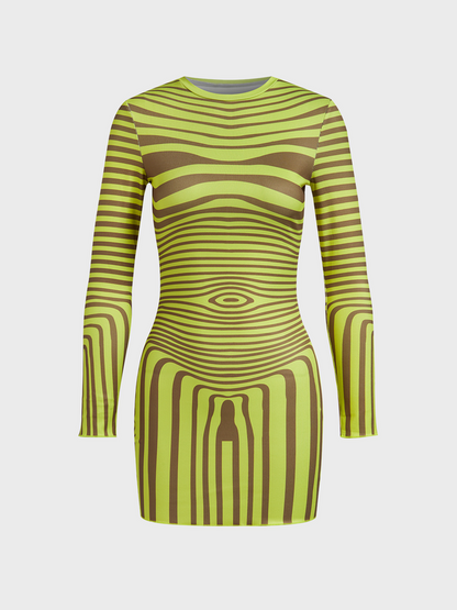 Crew Neck Human Body Stripe Long Sleeve Short Dress