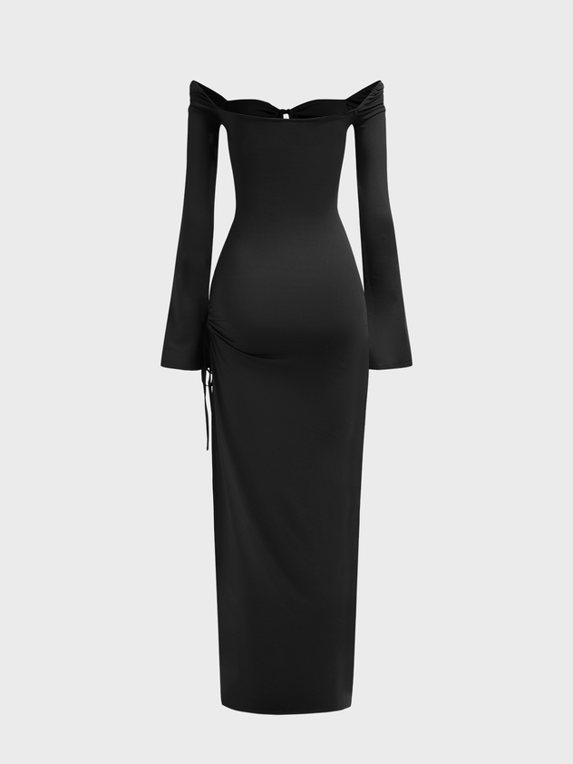 Cut Out Side Slit Square Neck Plain Long Sleeve Maxi Dress