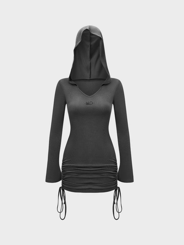 Street Gray Hooded Drawstring Dress Mini Dress