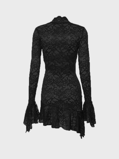 lovwvol  -  Lace V Neck Plain Long Sleeve Short Dress