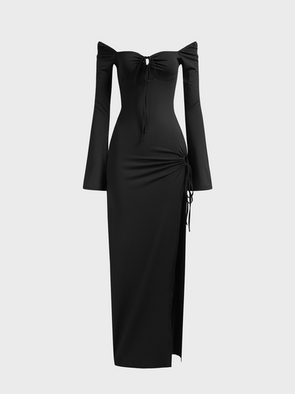 Cut Out Side Slit Square Neck Plain Long Sleeve Maxi Dress