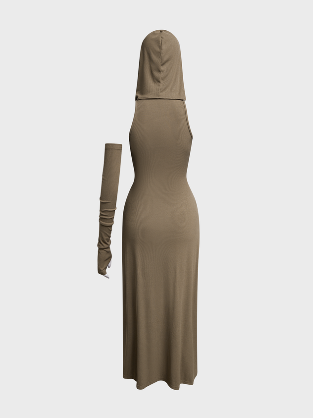 Arm Sleeves Hoodie Plain Maxi Dress