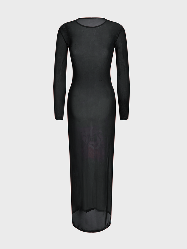 Mesh Crew Neck Face Pattern Long Sleeve Maxi Dress