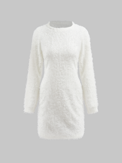 Stand Collar Fuzzy Plain Long Sleeve Short Dress