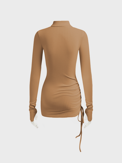 Drawstring Stand Collar Plain Long Sleeve Short Dress