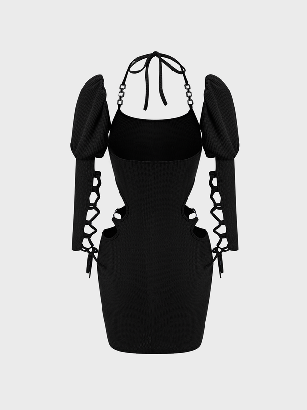 Edgy Black Cut Out Lace Up Halter Dress Mini Dress