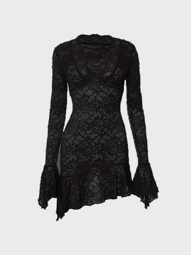 lovwvol  -  Lace V Neck Plain Long Sleeve Short Dress