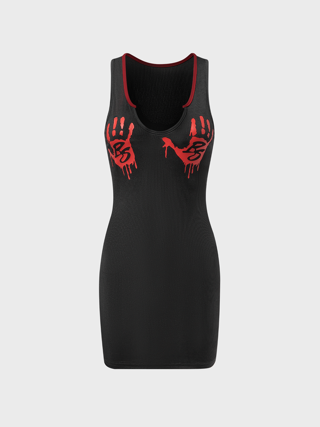 Street Black Hand print Dress Mini Dress