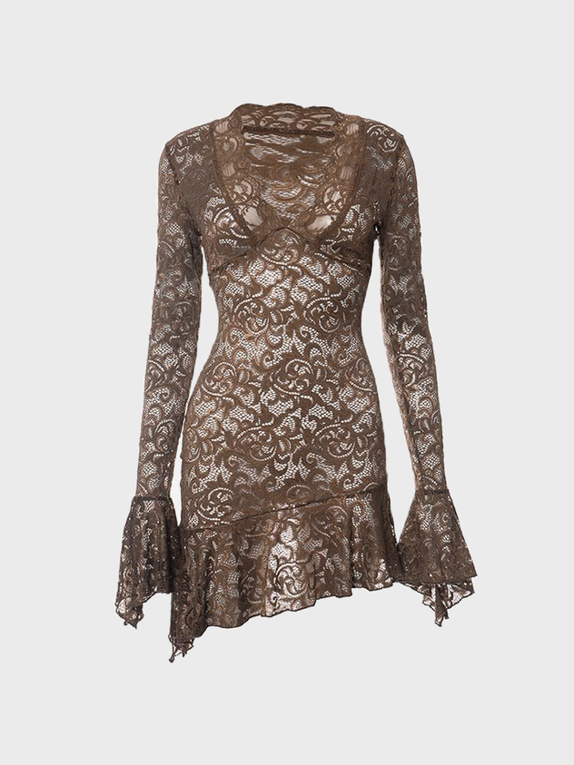 lovwvol  -  Lace V Neck Plain Long Sleeve Short Dress