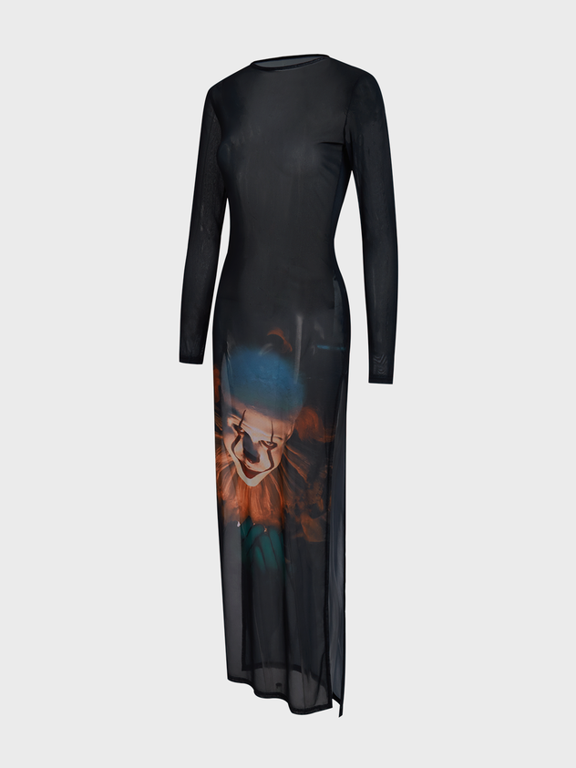 Mesh Crew Neck Face Pattern Long Sleeve Maxi Dress