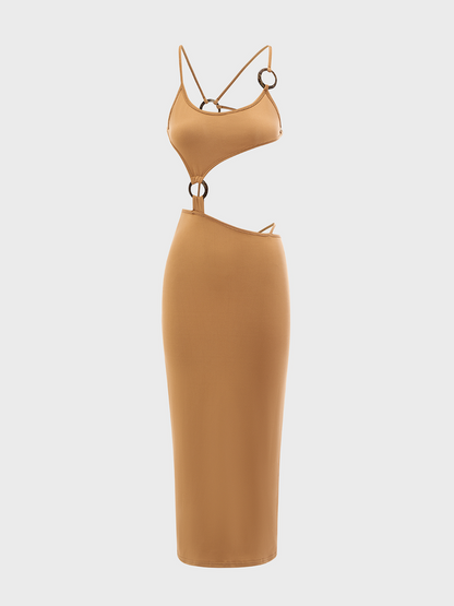 Y2K Brown Asymmetrical Design Cut Out Dress Midi Dress