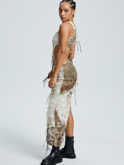 Split Cut Out Crew Neck Tie Dye Sleeveless Maxi Dress