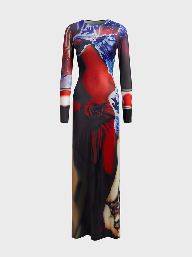 Crew Neck Human Body Long Sleeve Maxi Dress