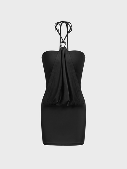 Y2k Black Halter Wrinkled Dress Mini Dress