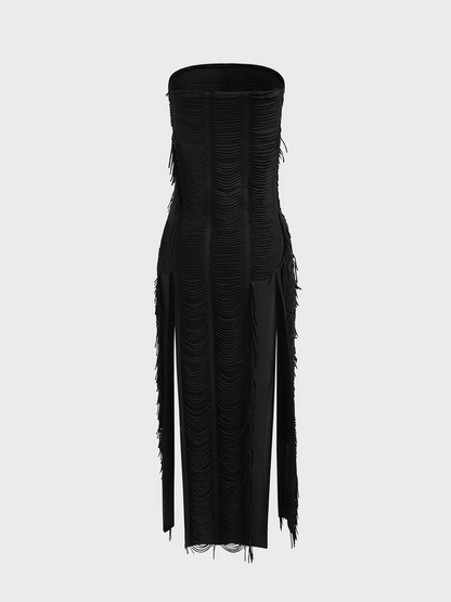 lovwvol  -  Slit Texture Fabric Strapless Plain Sleeveless Maxi Dress