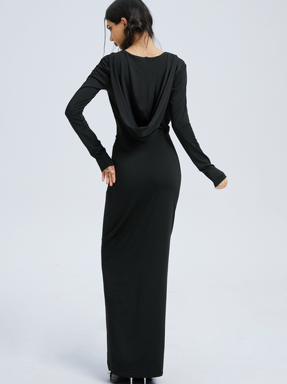 Deep V Hoodie Plain Long Sleeve Maxi Dress