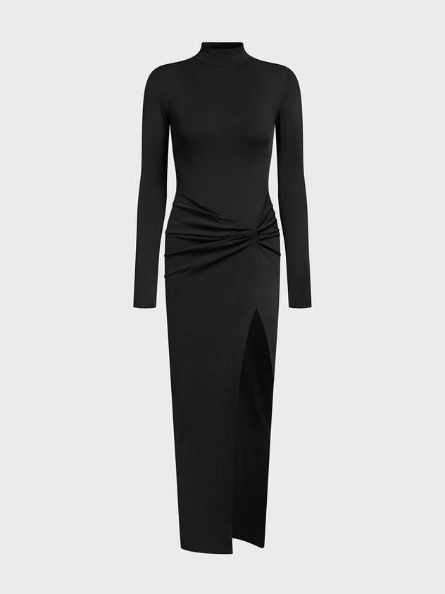 Slim Stand Collar Plain Long Sleeve Maxi Dress