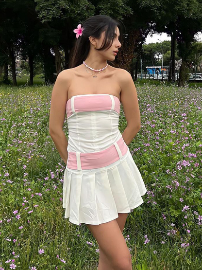 Y2k White Belt Pleated Dress Mini Dress