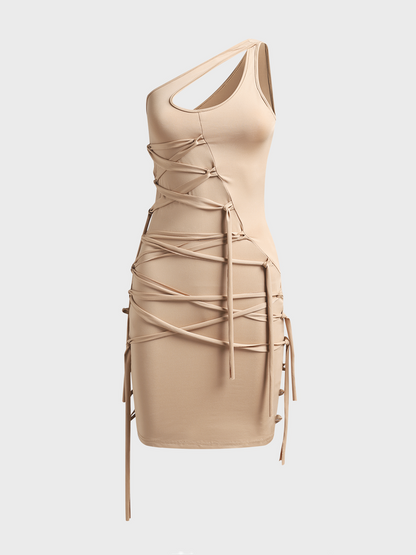 Asymmetrical Lace Up One Shoulder Plain Sleeveless Short Dress