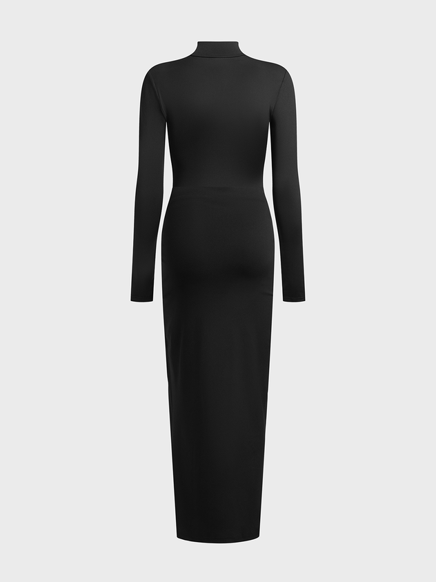 Slim Stand Collar Plain Long Sleeve Maxi Dress