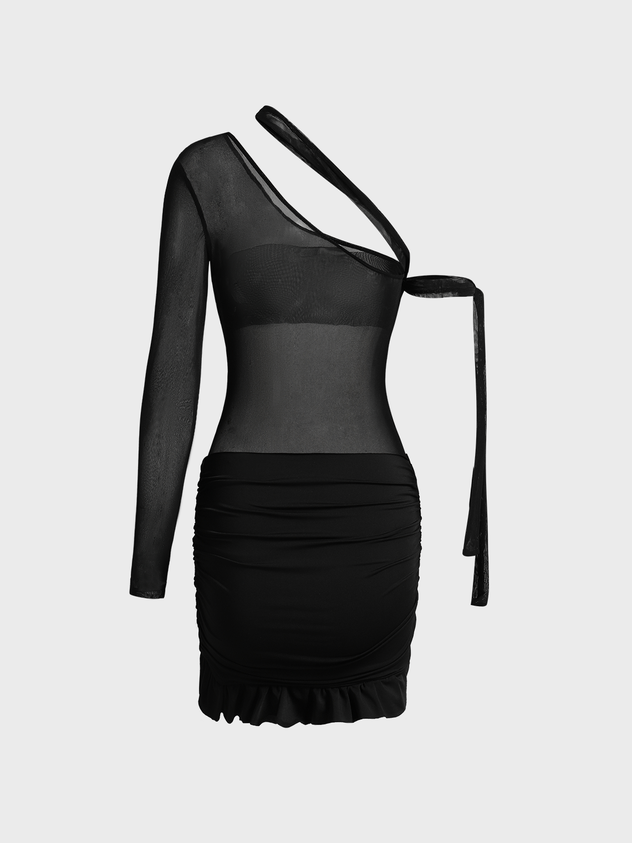 Street Black Asymmetrical design Mesh Dress Mini Dress