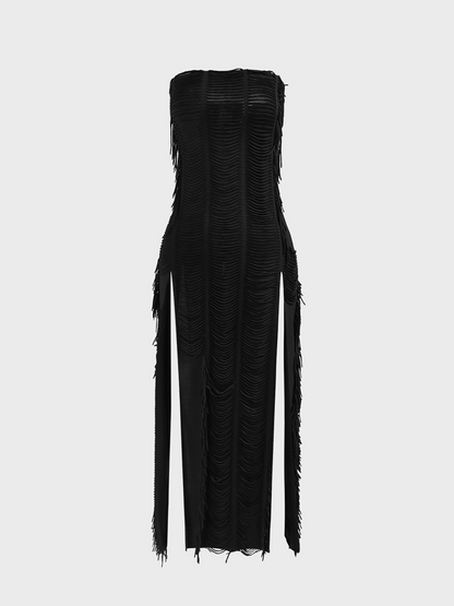 lovwvol  -  Slit Texture Fabric Strapless Plain Sleeveless Maxi Dress