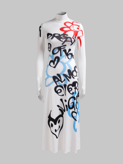 Edgy White Graffiti Dress Midi Dress