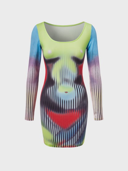 Edgy Multicolor Body Print Dress Mini Dress